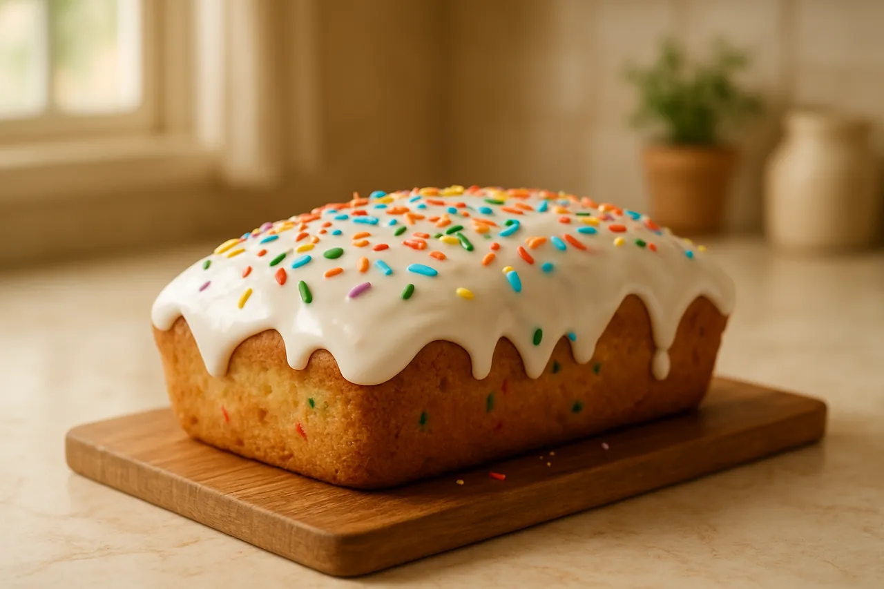Cake Batter Doughnut Loaf with Classic Vanilla Donut Glaze