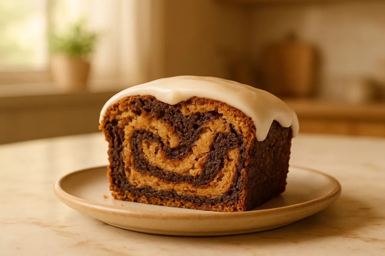 Chocolate Peanut Butter Doughnut Loaf with Classic Vanilla Donut Glaze