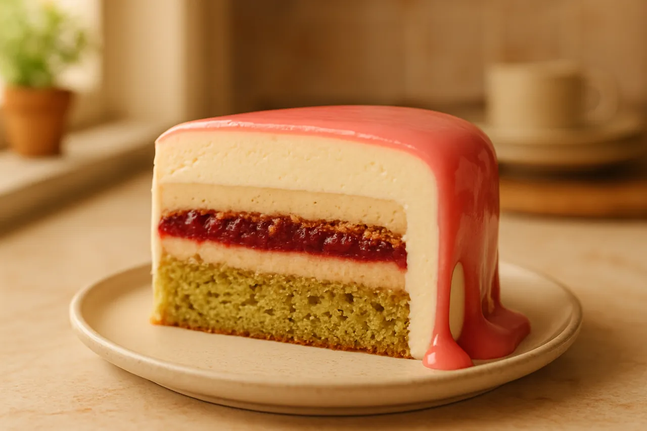 Pistachio Raspberry Mirror Cake